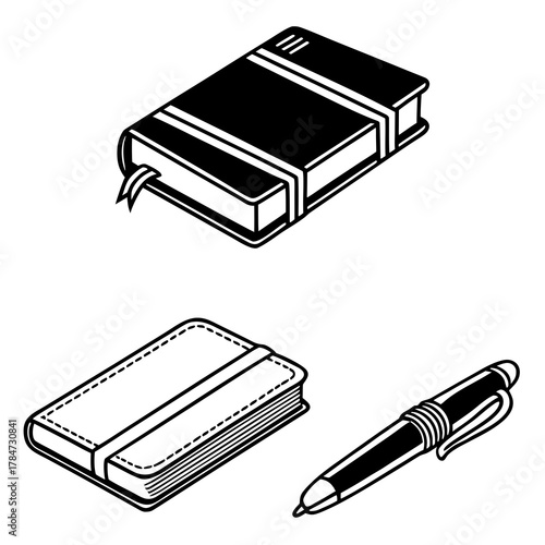 Isometric black and white illustration of two notebooks and a pen