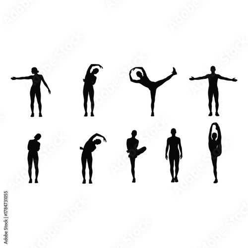 Silhouette of woman in various stretching poses for fitness concept and exercise routine and workout