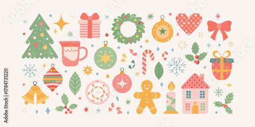 Whimsical flat design christmas elements collection featuring ornaments gifts tree and gingerbread man