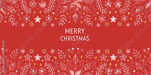 Merry christmas greeting with festive winter foliage and star ornaments on a red background