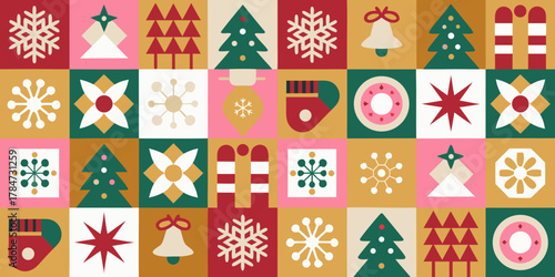 Retro christmas geometric pattern featuring snowflakes trees bells candy canes and ornaments