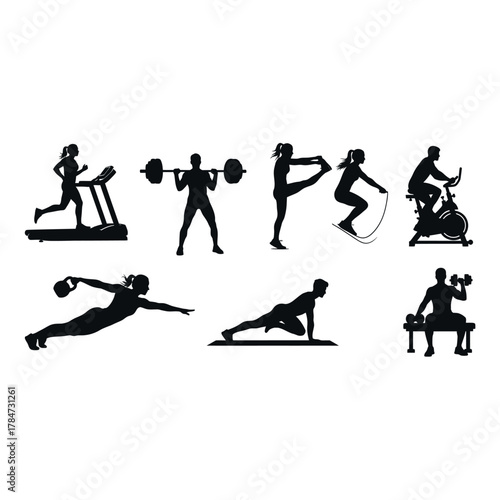 Silhouette of people doing various exercises fitness and healthy lifestyle concept