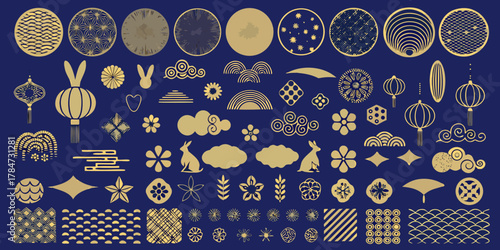 Collection of golden asian inspired decorative elements and patterns on a dark blue background