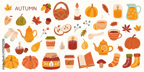 Cozy autumn collection of seasonal elements including pumpkins hot drinks and fall leaves