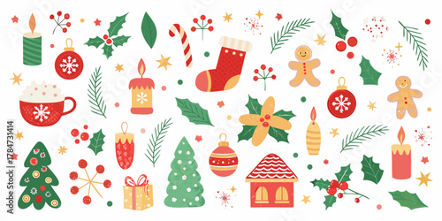 A charming collection of festive christmas elements including trees ornaments gingerbread men and candles