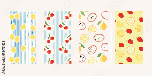 Collection of four colorful fruit patterns with lemons cherries and dragon fruit slices