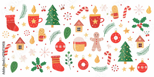 Charming christmas holiday elements pattern with festive decorations and winter symbols