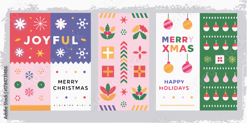 Joyful merry christmas and happy holidays greeting cards with festive illustrations and typography