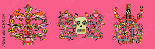 A collection of colorful vector illustrations for the Mexican holiday Day of the Dead. Dia de los Muertos floral and skeleton vector illustrations. Day of the Dead festive skeletons vector artwork set