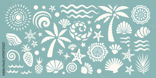 Collection of white tropical beach and ocean icons on a teal background
