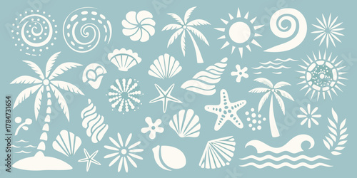 Collection of white tropical beach elements including palm trees seashells sun and waves on a blue background