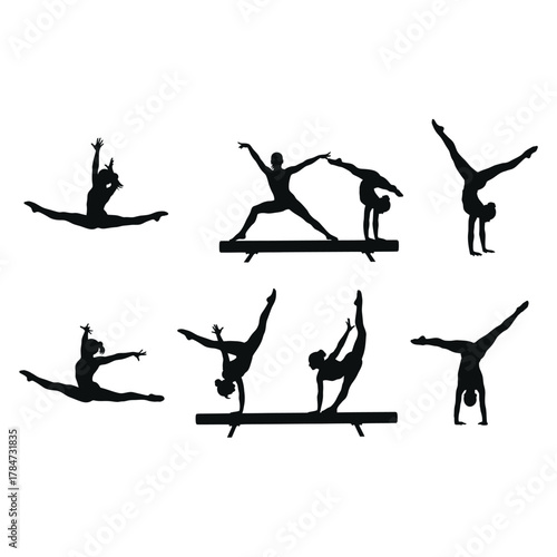 Silhouette of gymnasts performing various poses on balance beam graceful acrobatic movements