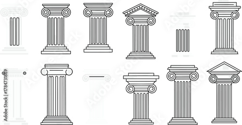Ancient Greek Roman column architecture set, classical pillar design collection, historical building structure element, cad drawing flat vector illustration