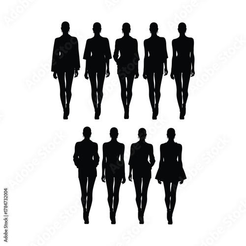 Silhouettes of women in different outfits walking on a runway fashion show concept