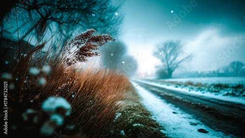 Route dans la campagne enneigée à l'aube