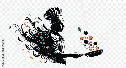Dynamic illustration of a chef skillfully tossing food in a pan with artistic flair