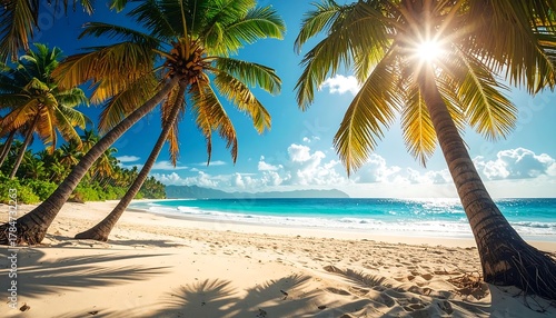 Fototapeta Naklejka Na Ścianę i Meble -  Tropical beach paradise Palms, white sand, azure water under a bright sun