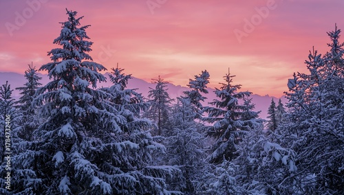 Stunning snow-covered pine forest bathed in vibrant pink and purple twilight sky, evoking winter wonder and natural serenity.