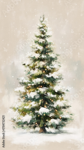 Painted Christmas tree covered in snow and glowing lights, set against a soft beige winter background, capturing festive warmth and seasonal tranquility.