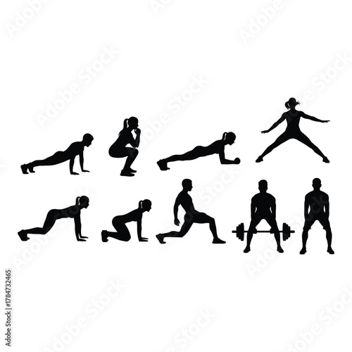 Silhouettes of people doing various exercises such as squats, planks, lunges, and deadlifts