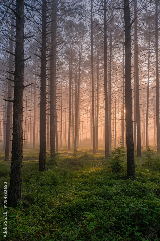 Fototapeta premium Mystical forest bathed in golden sunrise light, serene atmosphere with tall trees and lush green undergrowth