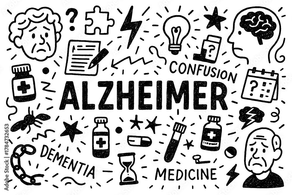 Obraz premium Alzheimer disease doodle composition with dementia, confusion, and brain icons, Transparent Background