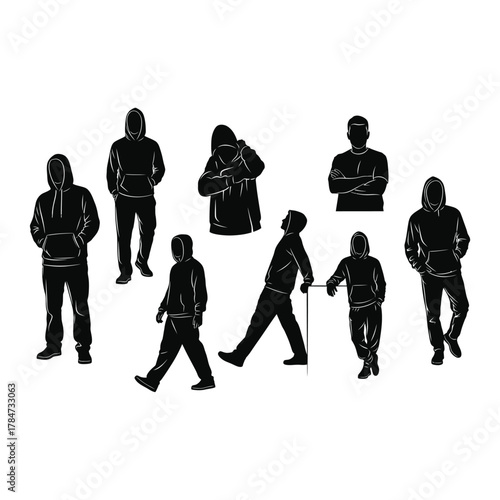 Set of black and white vector icons representing various people wearing hoodies