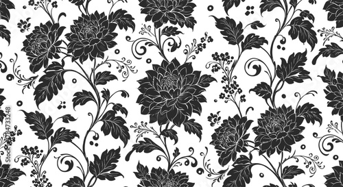 Wallpaper Mural Beautiful chrysanthemum seamless floral pattern, elegant botanical leaves background in black and white, decorative texture design, CAD drawing flat vector illustration. Torontodigital.ca