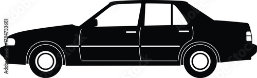 Black sedan car silhouette side view, transportation concept, modern automobile shape design, driving vehicle model, CAD drawing flat vector illustration.