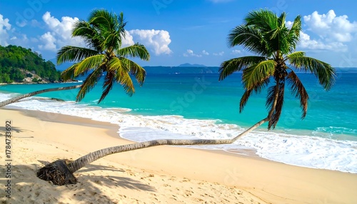 Fototapeta Naklejka Na Ścianę i Meble -  Two palm trees on sandy beach meet azure ocean under bright sun and fluffy white clouds