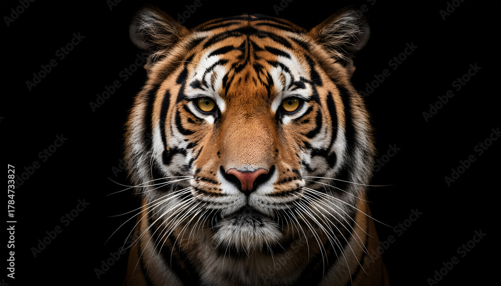 Naklejka premium a majestic tiger with piercing eyes stares intensely against a stark black background creating a powerful visual impact high quality professional