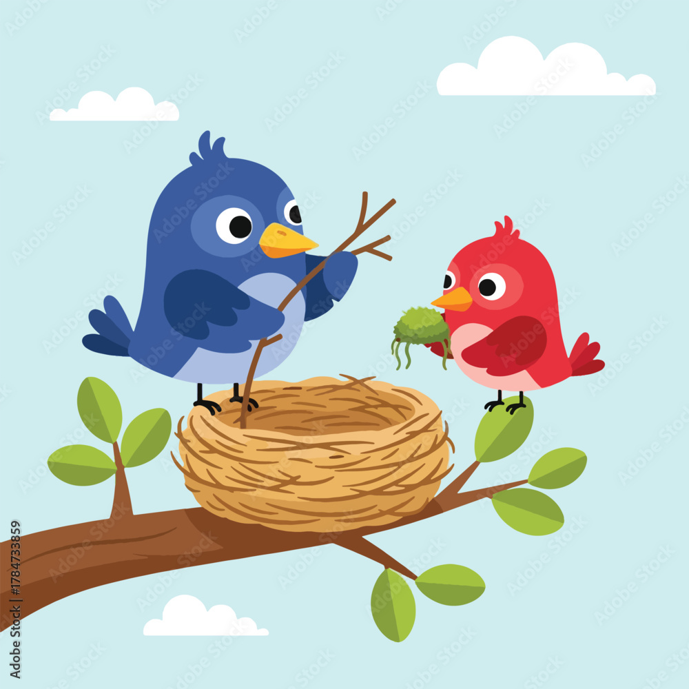 Obraz premium Two cartoon birds are building a nest together on a tree branch, teamwork and nature.
