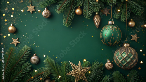 dark green christmas decoration background with ornaments and empty copy space
