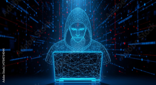 hacker silhouette engaging with a network via a glowing laptop, symbolizing advanced cybercrime and digital security challenges