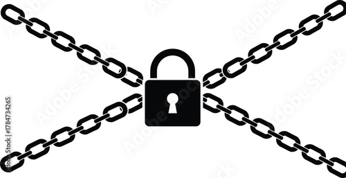 Security lock with crossed metal chains, padlock protection concept, privacy safety symbol, CAD drawing flat vector illustration, isolated design icon.