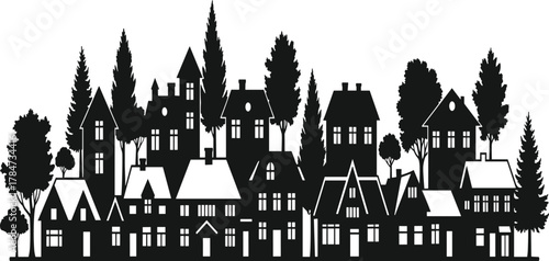 PrintSilhouette cityscape with houses and trees, black and white village illustration, suburban neighborhood skyline, architectural design, minimalist urban background