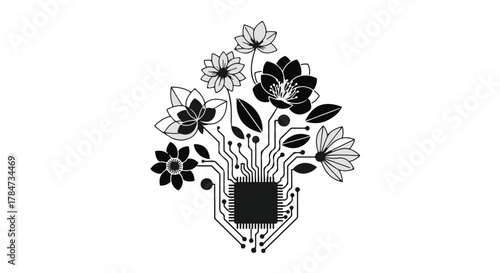 Digital technology blossoming with nature and organic growth.