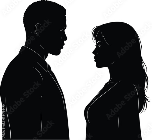 PrintSilhouette people facing each other, communication concept, relationship interaction, social dynamics artwork, minimalistic black and white design, confrontation symbol illustration collection