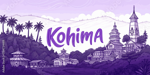 Kohima City Skyline Illustration with Naga Culture and Heritage Landmarks – Perfect for Travel Blogs, Posters, and Tourism Campaigns