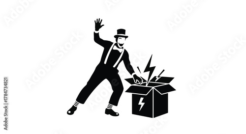 Magician in top hat and suspenders opening a box with lightning bolts emerging.