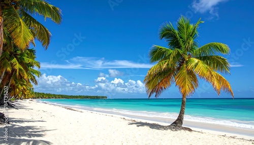 Fototapeta Naklejka Na Ścianę i Meble -  Tropical beach scene, featuring palm trees, white sand, turquoise water, and a clear blue sky with fluffy clouds