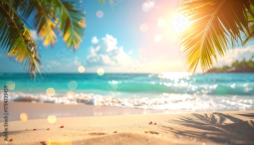 Fototapeta Naklejka Na Ścianę i Meble -  Tropical beach scene featuring sand, turquoise water, palm trees, sunshine, and sparkling bokeh effects