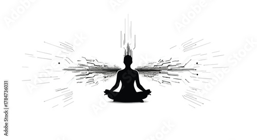Silhouette of person meditating with abstract energy radiating outwards