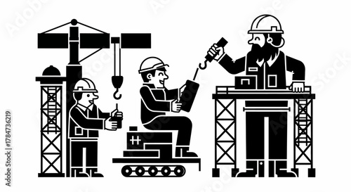 Construction workers collaborating on a project with heavy machinery.