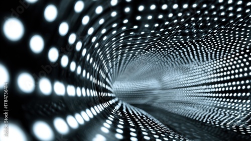 Fototapeta Naklejka Na Ścianę i Meble -  Abstract digital tunnel with glowing dots creating a futuristic vibe in a sleek monochrome environment