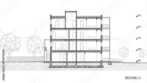 Architectural section drawing of a modern multi story building with detailed interior and exterior elements