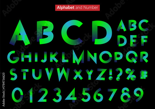 Green and Blue Alphabet and Number with Gradient on Black Background