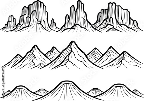 Three distinct styles of mountain range illustrations in a vintage woodcut or etching style