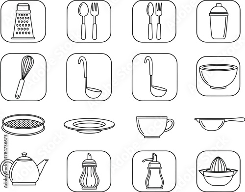 Collection of hand drawn sketch icons representing various kitchen utensils and food items in a grid layout