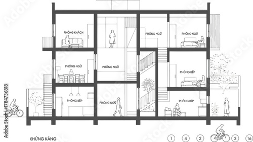 Architectural floor plan drawing of a modern multi story residential building with detailed room layouts and outdoor elements